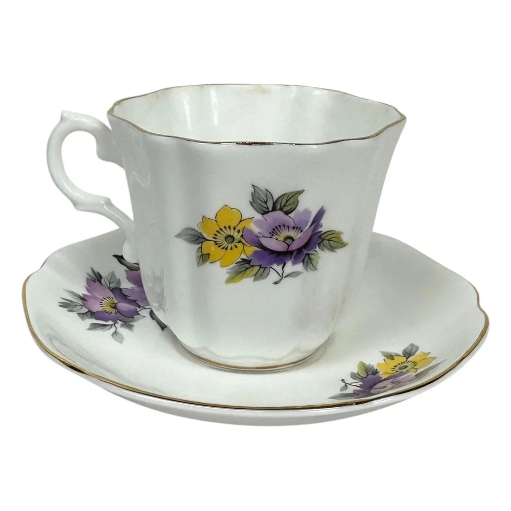 VTG Royal Grafton Tea Cup Saucer Purple Floral Scalloped Bone China England Gold